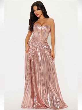 Metallic Rose Gold Strapless Pleated Maxi Dress